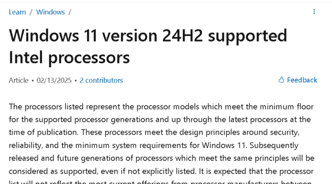 MS Seemingly Drops Intel Gen7-10 24H2 Support