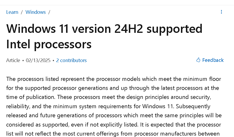 MS Seemingly Drops Intel Gen7-10 24H2 Support